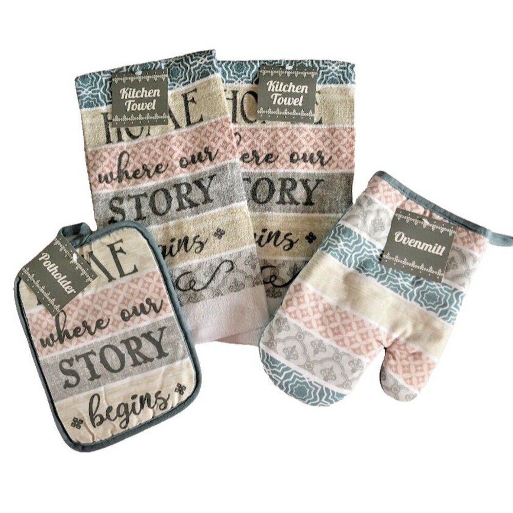 Home Where Our Story Begins Dish Towels Oven Mitt Potholder Cotton Set of 4